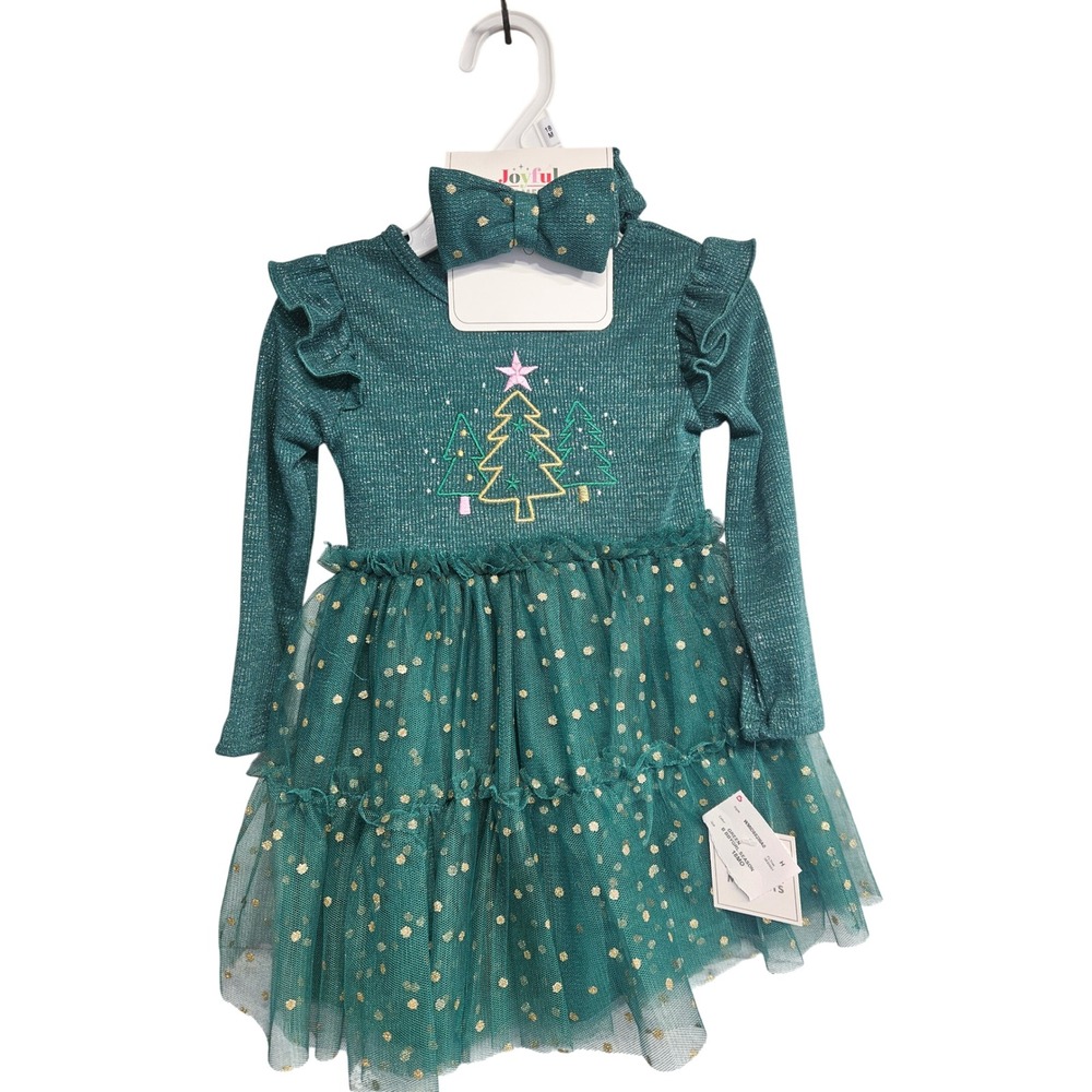 Joyful Moments Baby Girl Christmas Dress Headband Set Green Gold 18M NEW